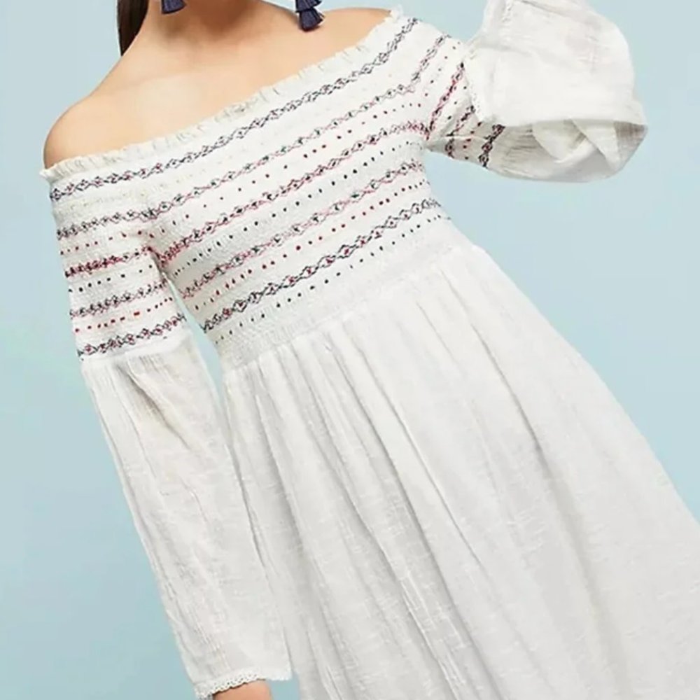 Farm Rio White Off the Shoulder Smocked Mini Dress M Medium Gauze Ivory Boho Med